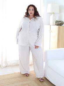 Pretty and Ole Plus Size Casual Minimalist Basic Striped 2 Pieces Set, Loose Fit Elegant - Apricot - View 6