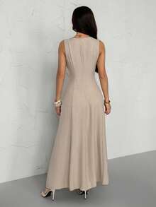 SHEIN PETITE Đầm dài bằng vải lanh mới cho nữ, đầm chữ A xẻ tà xếp ly, đầm dài thanh lịch, đầm hè cho nữ mặc đi nghỉ mát, đầm dài suông giả vải lanh, trang phục công sở thường ngày cho nữ, quần áo mùa thu dự tiệc hè cho nữ - Màu be - Xem 2