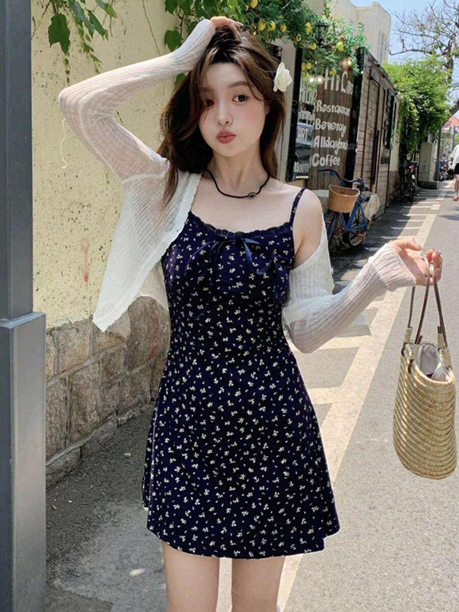 INAWLY 韩式撞色蕾丝碎花吊带裙 - 紫色 - 查看 1