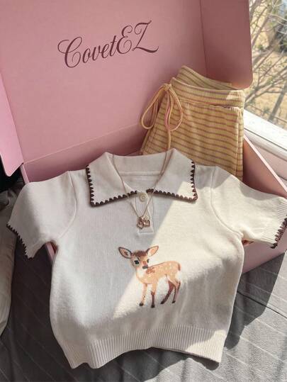 CovetEZ Áo thun dệt kim tay ngắn cổ polo phối màu tương phản họa tiết hươu rừng mùa hè mới, thích hợp cho mùa xuân/hè, đi làm hàng ngày, hẹn hò, dự tiệc, Giáng sinh, Năm mới, Lễ Tạ ơn, Tiệc tùng, Đám cưới, Bãi biển, Lễ tốt nghiệp, Thời trang, Thanh lịch, Thường ngày, Đi chơi, Hẹn hò, Đặt chỗ, Đi làm, Lấp lánh, Ngày Valentine, Sang trọng, Kỳ nghỉ, Thường ngày, Y2K, Đi chơi, Lễ tốt nghiệp
