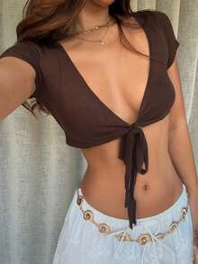 DAZY Women's Solid Color Super Short Tie-Up Sexy Lightweight Cardigan For Summer, Beach Vacation School - Brown - View 5