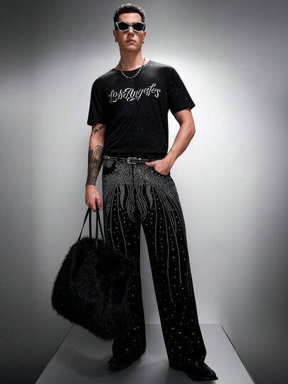 Zorclune 男士短袖字母印花圆领T恤，带金箔印花，夏季