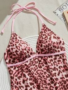 Swim Mod Bộ bikini 2 mảnh họa tiết da báo dành cho nữ, áo hai dây và bikini kiểu dáng thoải mái, thích hợp cho kỳ nghỉ hè ở bãi biển và các buổi tiệc. - Hồng - Xem 5