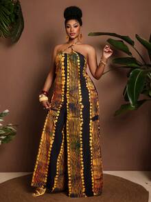 Maweii Mono sin mangas con cuello halter y estampado, adecuado para vacaciones y citas, talla grande - Dorado - Ver 1