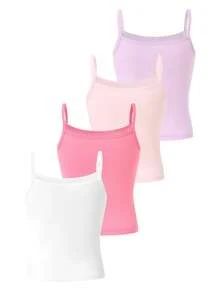 4pcs/Set Girls' Cotton Solid Color Camisole Undershirts, White, Pink, Light Purple, Burgundy, Simple & Versatile For All Seasons - Multicolor - View 2