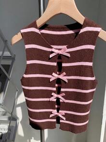 Comfortcana 女士休闲简约棕粉色条纹蝴蝶结装饰无袖针织上衣，适合学生穿着 - 棕色 - 查看 5