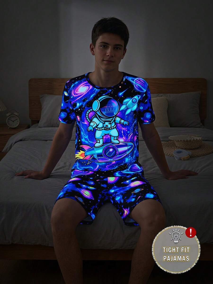 青少年男孩黑色極簡太空人與行星螢光印花短袖T恤與短褲2件式睡衣套裝 - 彩色 - 查看 1