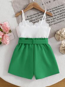 SHEIN Young Girl Cute Summer White Camisole Elastic Waist Jumpsuit - Green - View 2