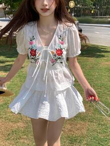 DAZY 女士V领韩版刺绣花卉上衣 夏季 - 白色 - 查看 12