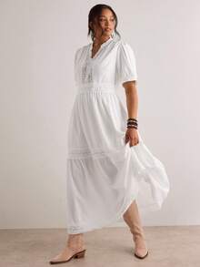 Freevana Vestido maxi elegante de manga corta con cuello con muesca y ribete de encaje, color blanco sólido, adecuado para uso diario y vacaciones, primavera/verano, talla grande para mujer - Blanco - Ver 5