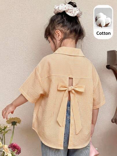 SHEIN Young Girl Casual Comfortable Striped Lapel Open Front Loose Short Sleeve Hollow Back Woven Shirt