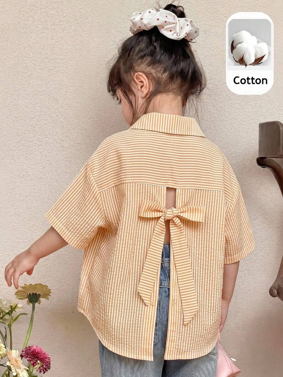 SHEIN Young Girl Casual Comfortable Striped Lapel Open Front Loose Short Sleeve Hollow Back Woven Shirt - Yellow - View 1
