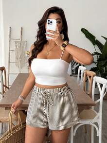 SHEIN VCAY Plus Size Autumn French Old Money Style Colorful Striped Teacher Shorts - Multicolor - View 3