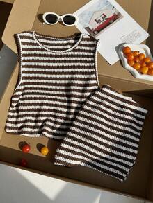 Comfortcana Plus Size Women Striped Round Neck Top And Shorts Casual Daily Outfit - Brown - View 5
