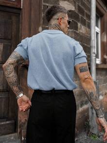Artur Kramer Men's Hollow Design Knitted Polo Shirt, Minimalist & Fashionable, Suitable For Summer - Baby Blue - View 2