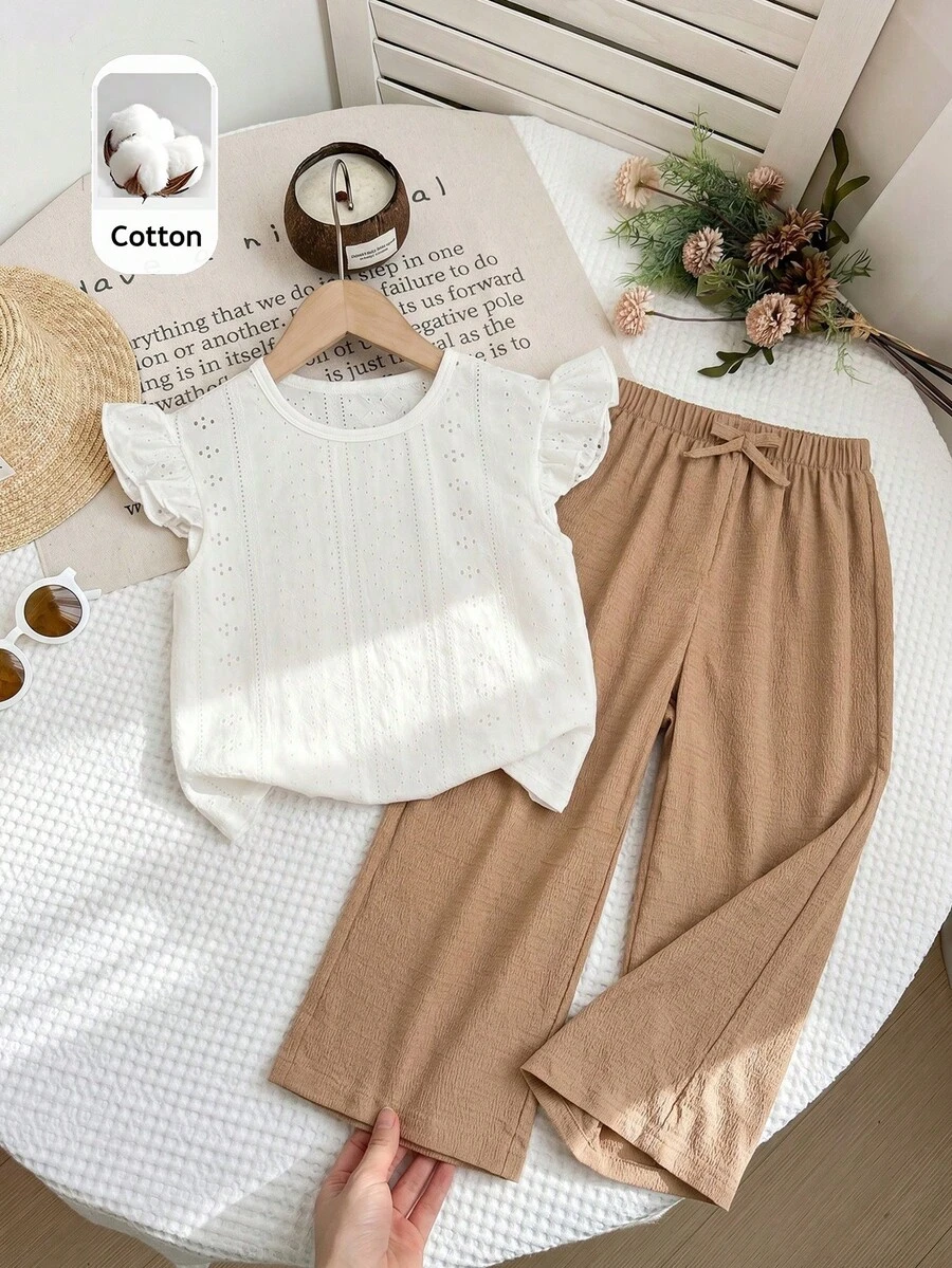 SHEIN 女童夏季休闲纯色网纱短袖衬衫和裤子套装 - 白色 - 查看 1