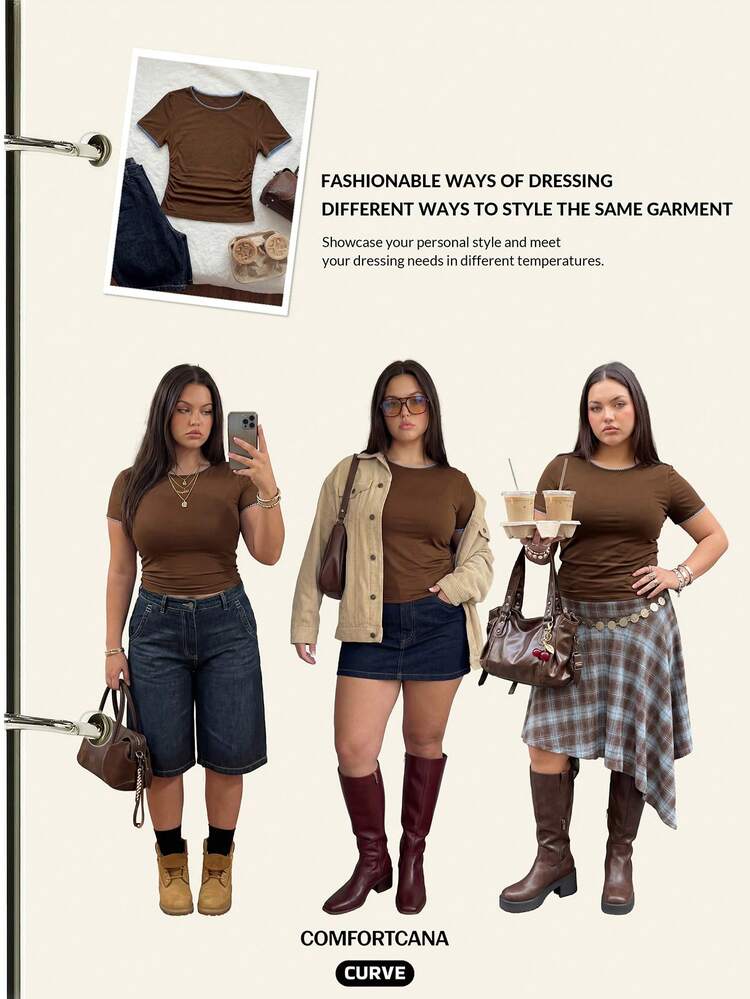 Comfortcana Plus Size Waist Ruched Elastic T-Shirt - Brown - View 3