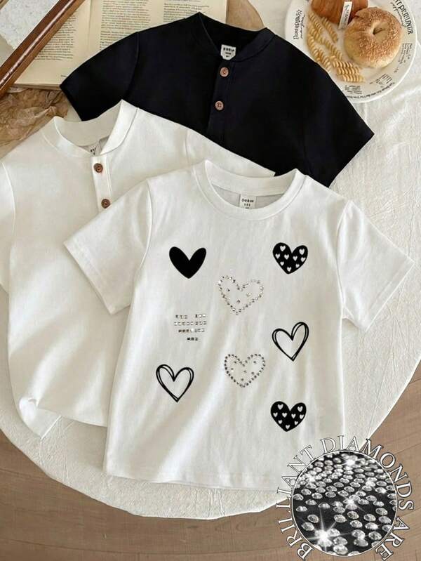Divinelle Women's Black And Silver White Hand-Painted Heart Graphic T-Shirt, Real Rhinestone Decor Round Neck Short Sleeve Tee, Summer Casual School Y2K Top