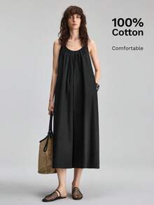 Ontre Đầm midi không tay, màu trơn, xếp ly, có túi, dành cho nữ, kiểu dáng thường ngày. - màu đen - Xem 3