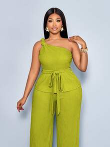 SOLERSUN Plus Size Women Olive Green Summer Elegant Vacation Set, Off-Shoulder Knotted Sleeveless Top&Straight Leg Trousers Two Pieces Casual Set - Mint Green - View 5