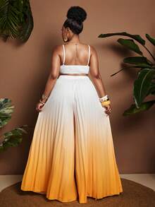 Maweii Women's Plus Size 2-Piece Gradient Pleated Outfit, White Ribbed Crop Cami Top With Bow Tie & Yellow Ombre Pleated Wide Leg Pants, Casual Summer Co-Ord Set For Vacation & Daily Wear - Yellow - View 2