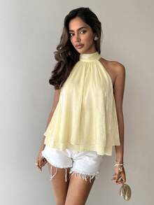 Aloruh Women's Casual Vacation Minimalist Solid Color Knotted Halter Top,Summer Top - Light Yellow - View 3