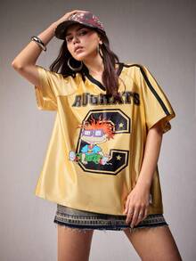 Nick 90s | SHEIN Women's V-Neck Raglan Short Sleeve Streetwear Country T-Shirt 90s Rave Concert Gold Summer - Light Yellow - View 1