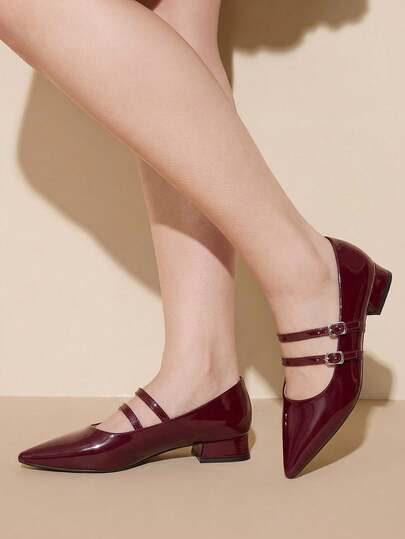 CUCCOO CURVES Zapatos de mujer de ajuste ancho, de moda, con punta, tacón de aguja burdeos, con doble correa, sencillos y clásicos, cómodos para uso diario, con tacón alto reforzado, tallas grandes para mujeres