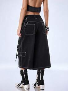 Y2Kool BiGraphic Quần jeans nữ dáng rộng ống lửng 7/8, cạp chun. - màu đen - Xem 2