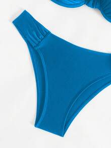 Swim SXY 女款黑色性感支撐抓皺平口上衣與比基尼泳褲兩件式泳裝套裝，夏季海灘裝 - 藍色 - 查看 7