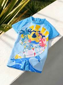 LOONEY TUNES X SHEIN Bộ đồ bơi liền thân tay raglan in hình cây cọ cho bé trai, kèm quần short. - Màu xanh lam - Xem 1