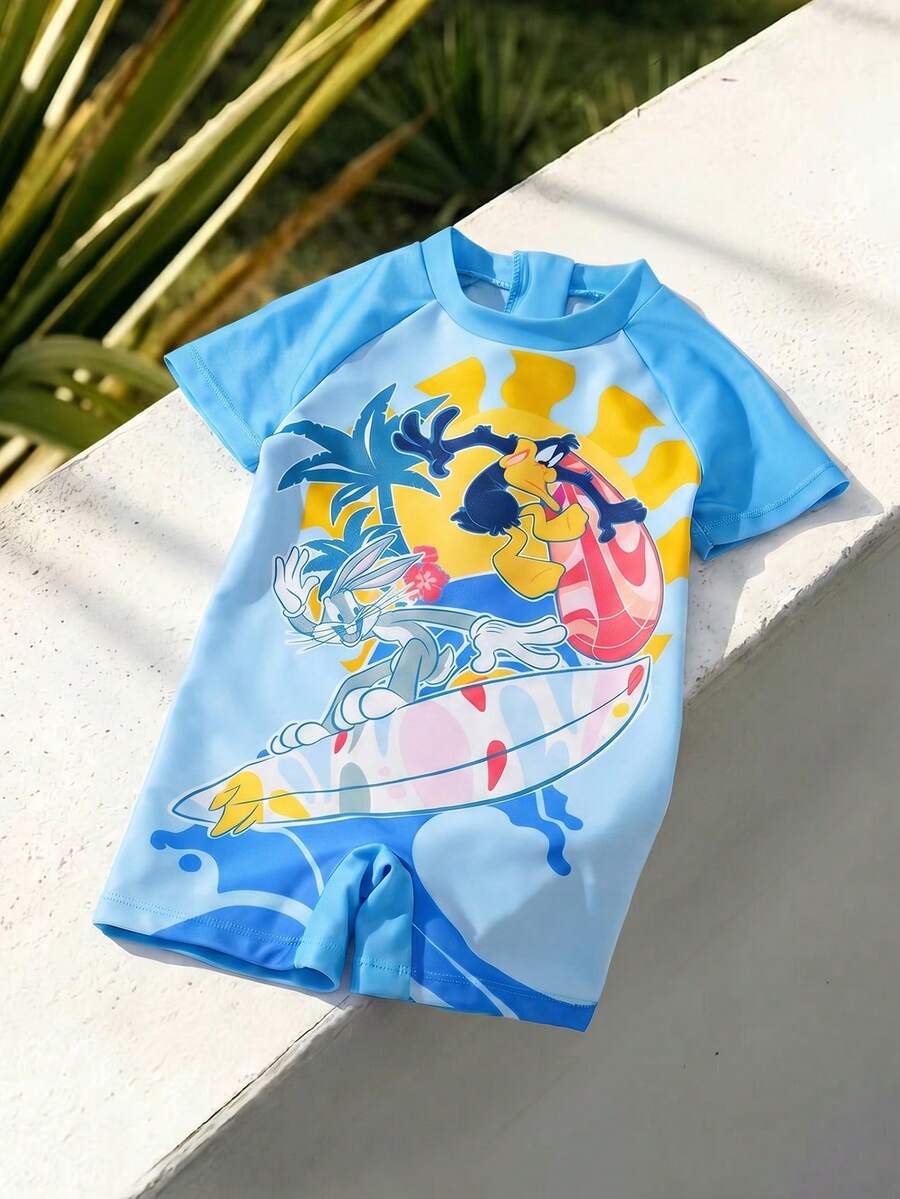 LOONEY TUNES X SHEIN Bộ đồ bơi liền thân tay raglan in hình cây cọ cho bé trai, kèm quần short. - Màu xanh lam - Xem 1