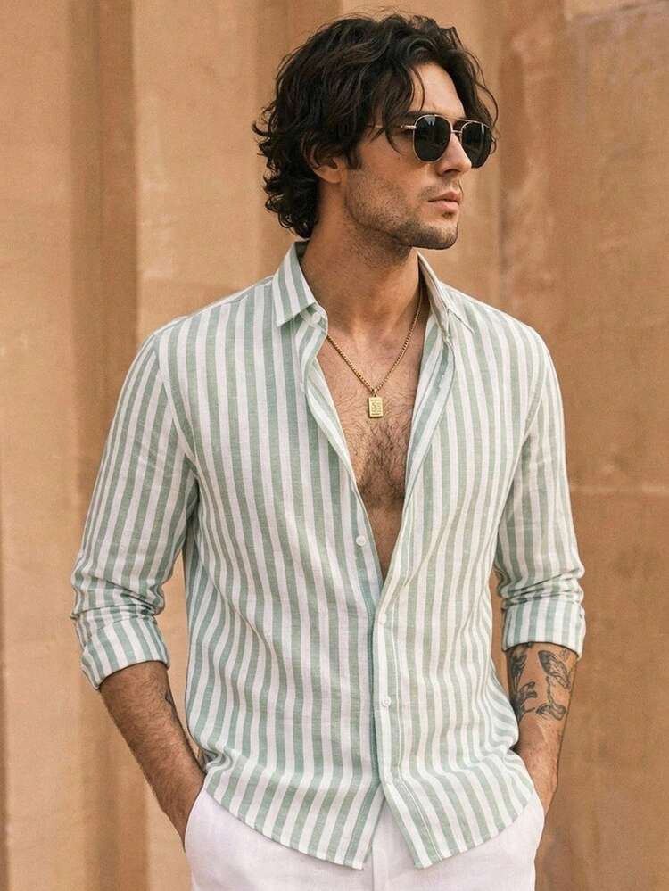 HIMLAND Loose Fit Men's Vertical Striped Woven Casual Long Sleeve Shirt, Vacation, Father's Day Gifts - Green - View 7