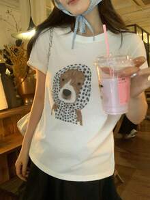 DAZY Kaos Wanita Lengan Pendek Leher Bulat Motif Kartun Anak Anjing, Gaya Korea Musim Semi/Panas - Putih - View 10
