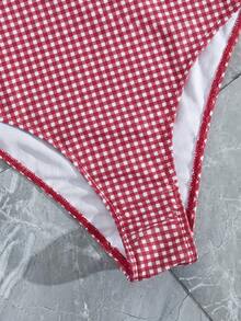 Swim Mod 26SS Spring/Summer Cute Strawberry Plaid Ruffle V-Neck One-Piece Swimsuit For Women Vacation Red Cute - Multicolor - View 8