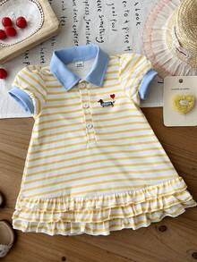 SHEIN 1 Peça Vestido de Menina Bebê de 0-3 Anos de Estilo Casual e Simples para Verão e Outono, com Cores Contrastantes. Colarinho Acompanhado de Tecido de Malha Canelada. Decoração com Estampa de Cachorro, Perfeito para Passeios e Férias. - Amarelo - Visão 6