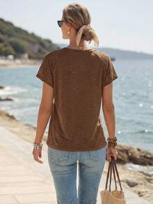 Faunlyn Elegant Lace Patchwork Short Sleeve T-Shirt - Brown - View 2