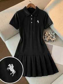 SHEIN Đầm nữ tuổi teen màu đen cổ polo thêu họa tiết, xếp ly, kiểu dáng đồng phục học sinh. - màu đen - Xem 3
