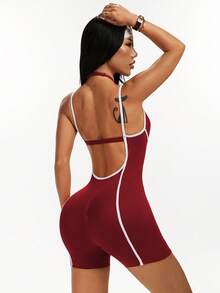 SHEIN Sports 一件吸湿排汗撞色无缝连体衣，适合健身、瑜伽 - 彩色 - 查看 2