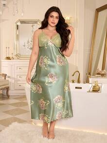 MuseNap CURVE 1pc Women's Plus Size Sexy Satin Slip Dress, Elegant Green Floral Print, Lace Trim, Suitable For All Seasons - Green - View 8