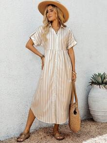 EMERY ROSE Đầm sơ mi nữ tay ngắn kẻ sọc, kiểu dáng thường ngày, cài một hàng cúc. - Nhiều màu - Xem 5