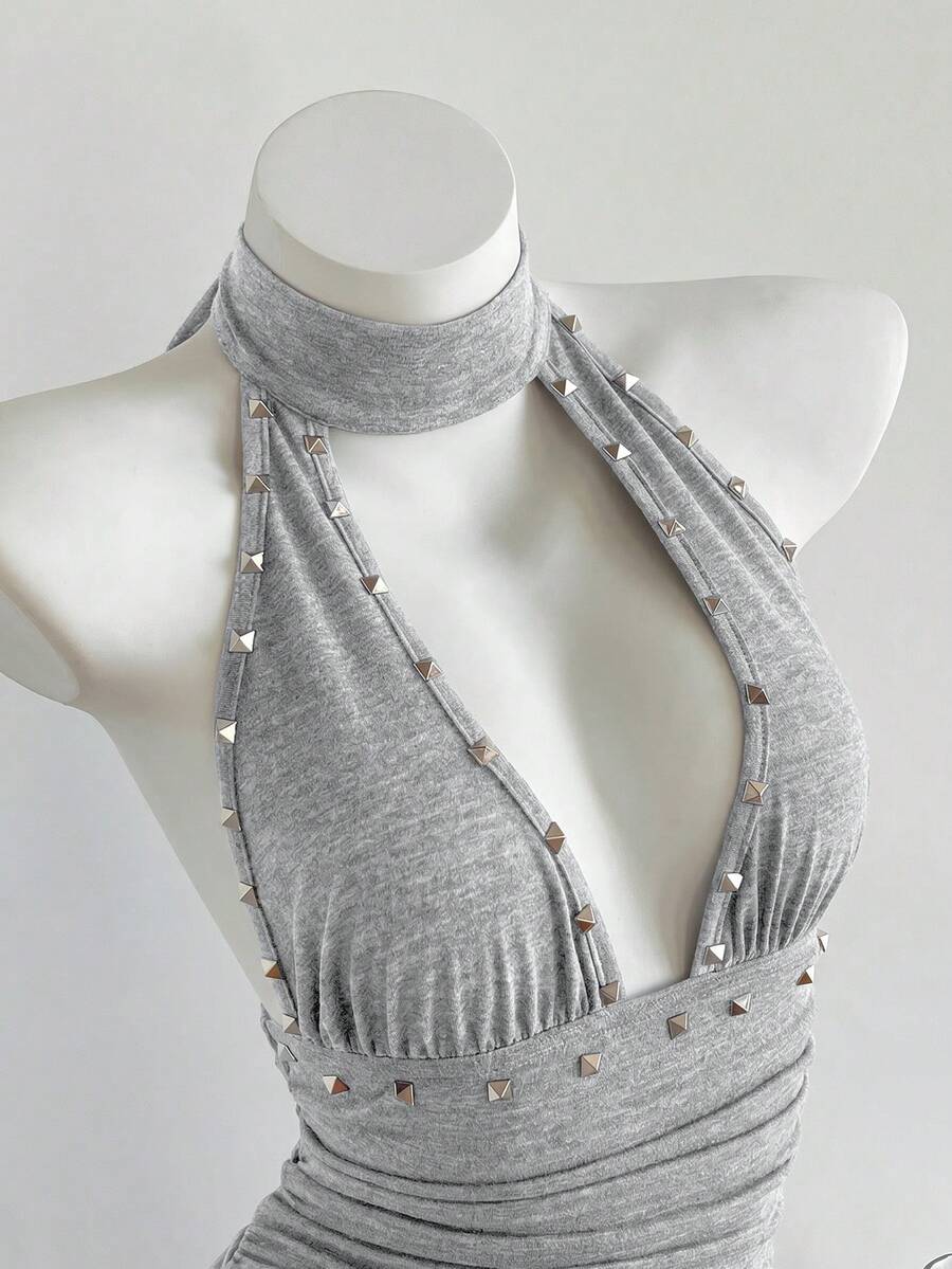 Elamini Gaun Bodycon Minimalis Retro Seksi dengan Leher V dan Hem Berumbai Warna Solid untuk Wanita, Cocok untuk Acara Musim Panas (Abu-abu) - Light Grey - View 1