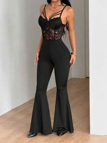 SHEIN ICON Bộ jumpsuit nữ gợi cảm phối ren xòe. - màu đen - Xem 6