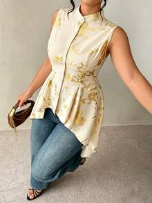 SHEIN Clasi Plus Size Women's Elegant White Summer Sleeveless Sequin Night Out Club Stand Collar Irregular Hem Gold Foil Fabric Longline Blouse,Party Top Shirt - Champagne - View 3