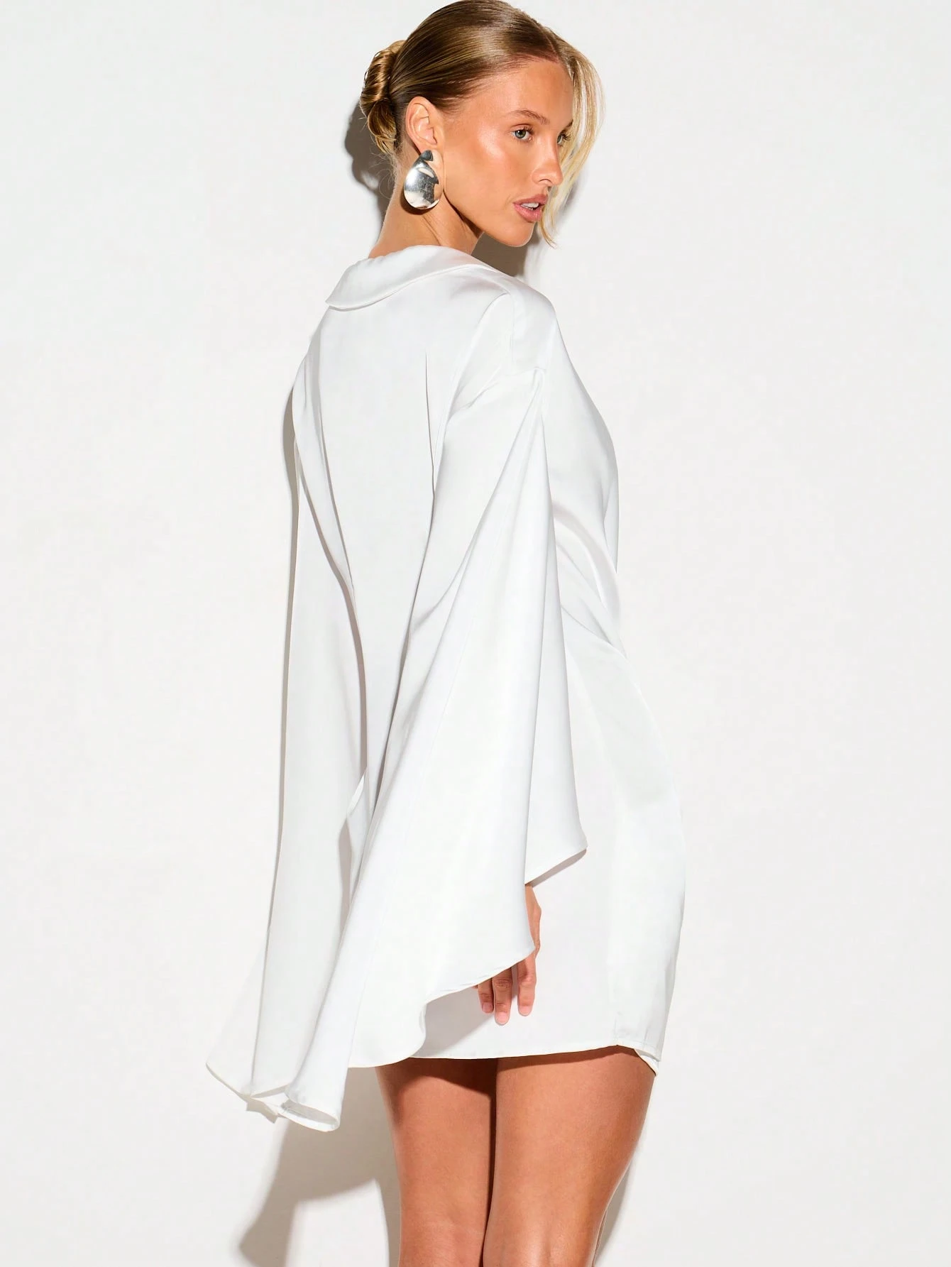 Satin Wrap Mini Dress With Waterfall Sleeves