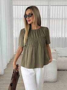Easowa Women's Solid Color Minimalist Short Sleeve Blouses, Casual Clothes,Summer Top - Army Green - View 5
