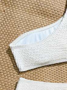 SHEIN Tween Girls' Solid Color Textured One Shoulder Bikini Set,White,Summer,Tropical,Beach,Pool Party,Vacation,Holiday 2 Pieces Bathing Suit - Apricot - View 4