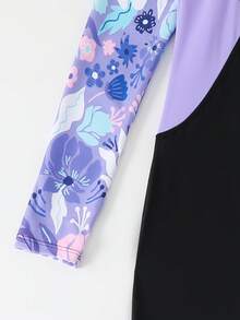 SHEIN 少女连体泳衣，黑紫色拼接，长袖长裤，碎花图案，运动时尚，优雅迷人，适合游泳、海滩、泳池、拍照、送礼、水上乐园、夏季水疗等场合 - 黑色 - 查看 10