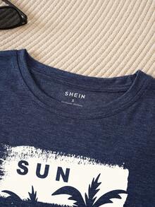 SuriyaCove Contrast Color Coconut Tree & Letter Printed T-Shirt Graphic Tees Women Tops - Navy Blue - View 3