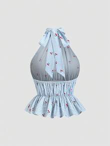 Sunnyshic 女士春夏休闲度假时尚日常百搭派对通勤泡泡褶皱格纹樱桃印花腰部褶皱系带蝴蝶结无袖衬衫上衣 - 彩色 - 查看 5